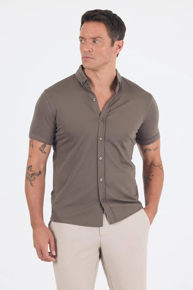 Koyu Haki italyan Düğmeli Yaka Kısa Kol Cepsiz Slim Fit Gömlek 1004250255 - Resim 3