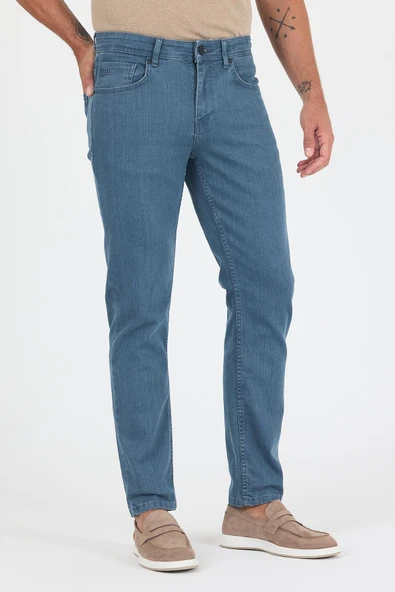 Koyu Mavi Gabardin 5 Cep Düz Paça Casual Slim Fit Pamuklu Denim Pantolon 1023250157 - 2