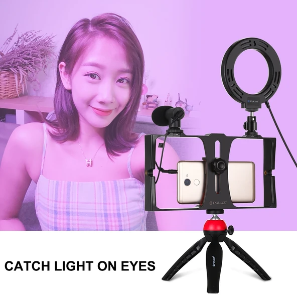 PULUZ 4 in 1 Vlogging Canlı Yayın Akıllı Telefon Video Rig Kiti Kirmizi RGBW 12cm Halka LED Selfie Isigi Mikrofon ve Cep Tripod - 12