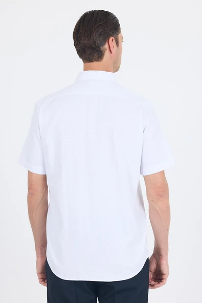 Beyaz Sert  Yaka Kısa Kol Cepli  Comfort Fit Cls Gömlek 1004250261 - Resim 5