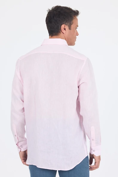 Uzun Kol Düz Keten Düğmeli Yaka Cepsiz Casual Comfort Fit Gömlek 1004250114 - Resim 5
