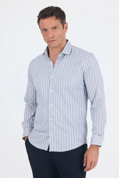 Koyu Lacivert Uzun Kol Yarım İtalyan Yaka Cepsiz Easy To Iron Slim Fit Esnek Gömlek 1004250227 ürün görseli