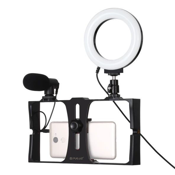 PULUZ 3 in 1 Vlogging Canlı Yayın Akıllı Telefon Video Rig Seti Kırmızı Mikrofonlu 12cm Halka LED Selfie Işığı Soğuk Ayaklı Tripod Başlığı ile - 2