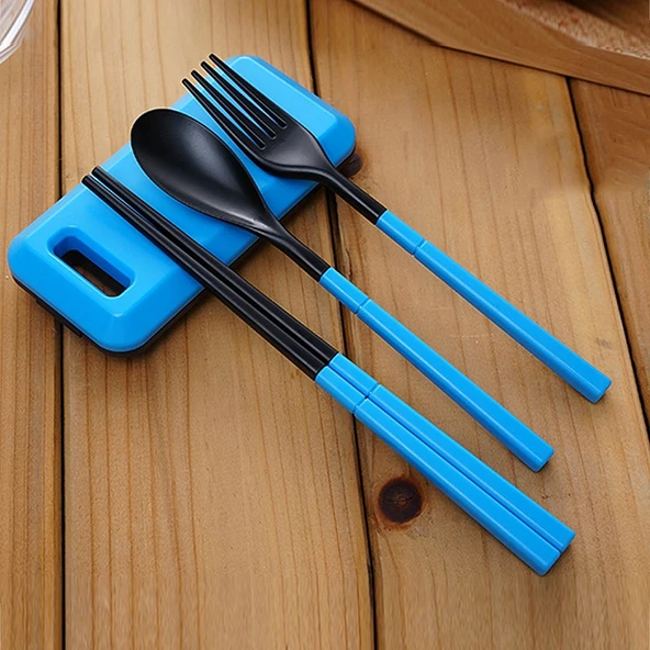 3 in 1 ABS Katlanabilir Yemek Takımı Çatal Çubuk Seti Saklama Kutulu Yeşil - 4
