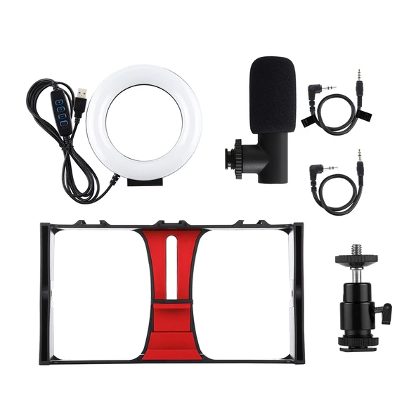 PULUZ 3 in 1 Vlogging Canlı Yayın Akıllı Telefon Video Rig Seti Kırmızı Mikrofonlu 12cm Halka LED Selfie Işığı Soğuk Ayaklı Tripod Başlığı ile - 11