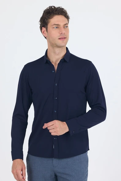 Koyu Lacivert Uzun Kol Düz Örme Polo Yaka Cepsiz Esnek Classic Slim Fit Gömlek 1004250153_200 - Resim 3