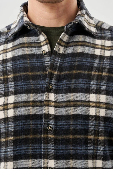 Siyah Yünlü Ekose Desen Yumuşak Yaka Cepsiz Uzun Kol Casual Comfort Fit Gömlek 1004245227 - Resim 4