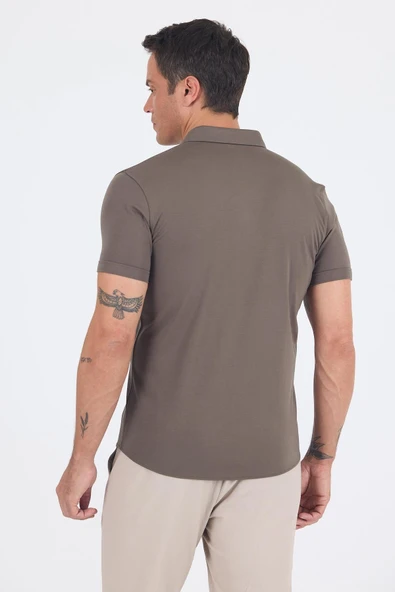 Koyu Haki italyan Düğmeli Yaka Kısa Kol Cepsiz Slim Fit Gömlek 1004250255 - Resim 5