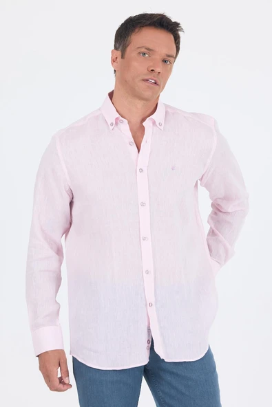 Uzun Kol Düz Keten Düğmeli Yaka Cepsiz Casual Comfort Fit Gömlek 1004250114 - Resim 3