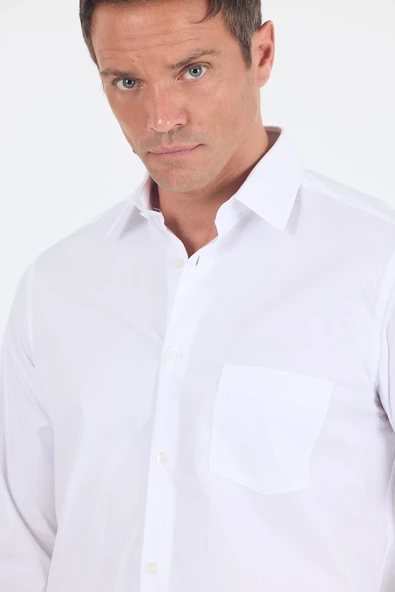 Beyaz Sert Yaka Uzun Kol Cepli Comfort Fit %100 Pamuk Gömlek 1004250222 - 4