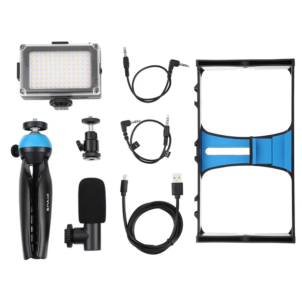 PULUZ 4 in 1 Vlogging Canlı Yayın LED Selfie Işığı Mavi Mikrofonlu Tripodlu Telefon Video Rig Kiti - 9