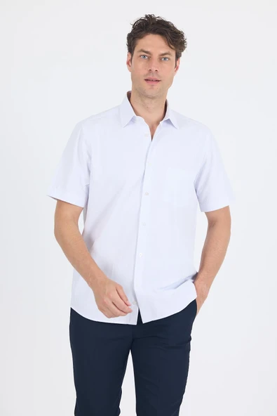 Beyaz-Mavi Sert  Yaka Kısa Kol Cepli  Comfort Fit Cls Gömlek 1004250262 ürün görseli 1