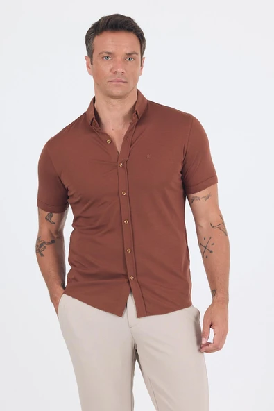 Kiremit italyan Düğmeli Yaka Kısa Kol Cepsiz Slim Fit Gömlek 1004250255 ürün görseli