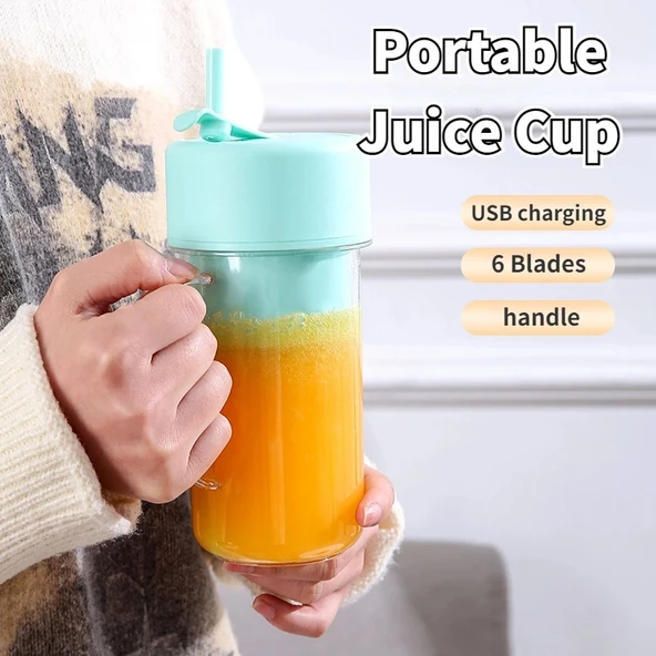 420ml Pembe USB Şarjlı 6 Bıçaklı Pipetli Taşınabilir Meyve Sıkacağı Smoothie Makinesi - 3