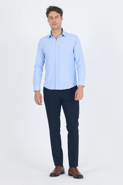 Mavi Sert Yaka Düz Classic Pamuklu Slim Fit Gömlek 1004250214 - Resim 2