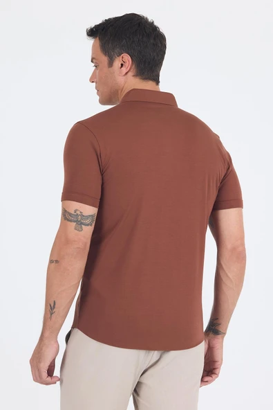 Kiremit italyan Düğmeli Yaka Kısa Kol Cepsiz Slim Fit Gömlek 1004250255 - Resim 5