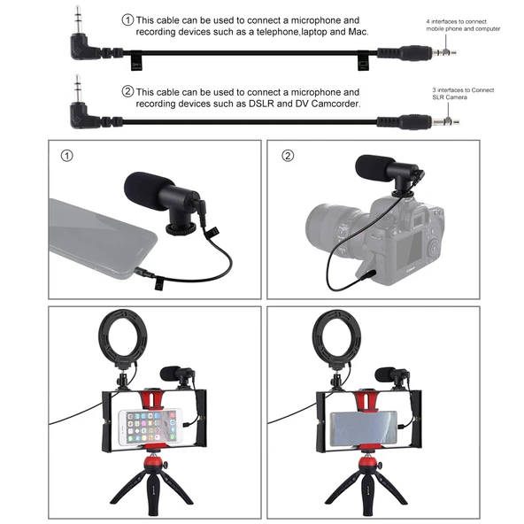 PULUZ 4 in 1 Vlogging Canlı Yayın Akıllı Telefon Video Rig Kiti Kirmizi RGBW 12cm Halka LED Selfie Isigi Mikrofon ve Cep Tripod - 7