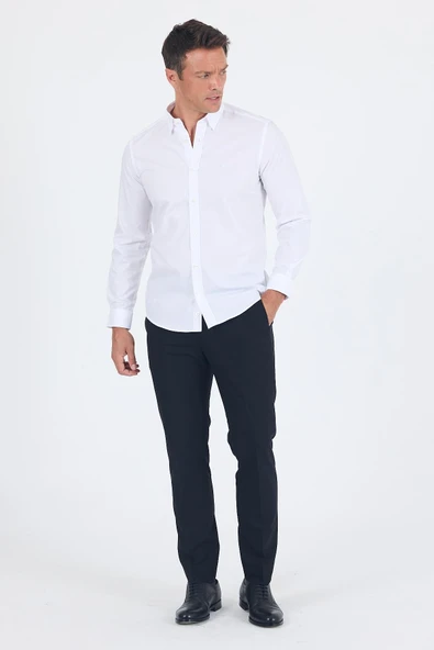Beyaz Smart Biritli Yaka Cepsiz Bez Ayağı Uzun Kol Slim Fit %100 Pamuk Gömlek 1004250223 - Resim 2