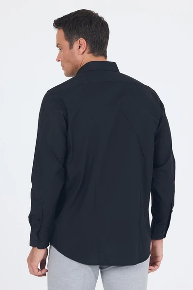 Siyah Uzun Kol Düz Bez Ayağı Sert Yaka Cep 30 Pamuklu Basic Comfort Fit Gömlek 1004250051_001 - 5