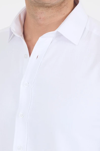 Beyaz Sert Yaka Düz Classic Pamuklu Slim Fit Gömlek 1004250214 - Resim 4