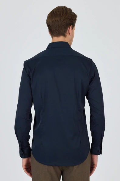 Siyah Yarım İtalyan Yaka Cepsiz Gabardin Uzun Kol Slim Fit Esnek Gömlek 1004250235 - Resim 5