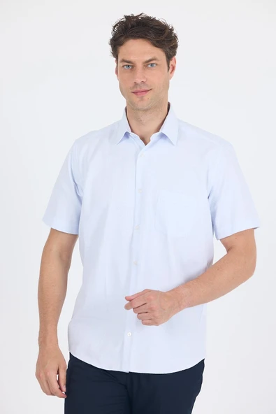 Beyaz-Gri Sert  Yaka Kısa Kol Cepli  Comfort Fit Cls Gömlek 1004250260 - Resim 3