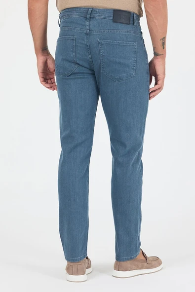 Koyu Mavi Gabardin 5 Cep Düz Paça Casual Slim Fit Pamuklu Denim Pantolon 1023250157 - 5