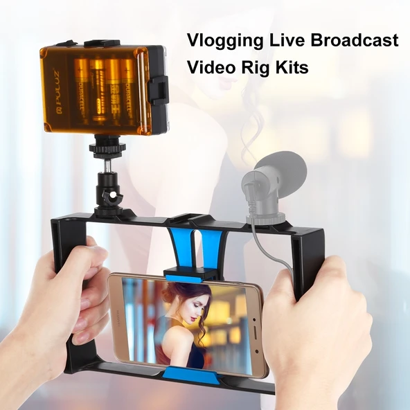PULUZ 2'si 1 Arada Vlogging Canlı Yayın LED Selfie Işığı ve Video Rig Kiti Mavi - 6