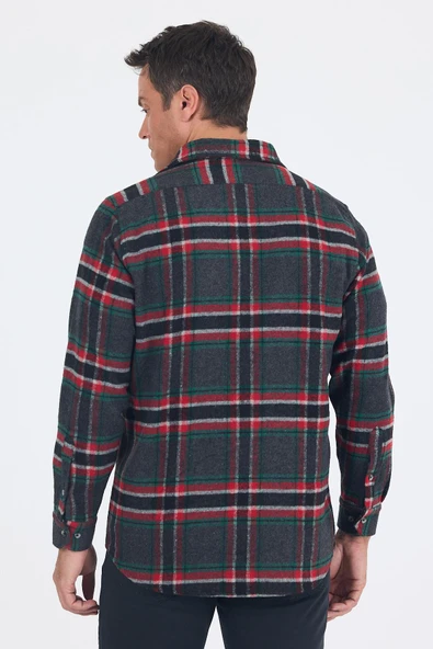 Lacivert Yünlü Ekose Desen Yumuşak Yaka Cepsiz Uzun Kol Casual Comfort Fit Gömlek 1004245227 - Resim 5