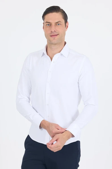 Beyaz Sert Yaka Düz Classic Pamuklu Slim Fit Gömlek 1004250214 - Resim 3
