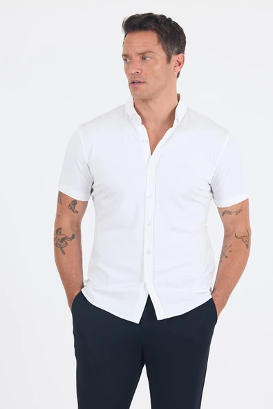 Beyaz italyan Düğmeli Yaka Kısa Kol Cepsiz Slim Fit Gömlek 1004250255 - 2