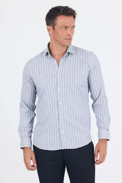 Koyu Lacivert Uzun Kol Yarım İtalyan Yaka Cepsiz Easy To Iron Slim Fit Esnek Gömlek 1004250227 - Resim 3