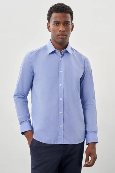 Mavi Uzun Kol Filafil Desen Filafil Sert Yaka Cepsiz Pamuklu Basic Slim Fit Gömlek 1004250008_302