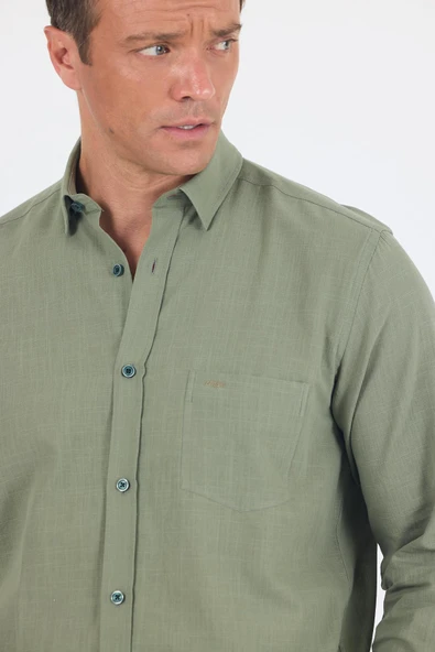 Koyu Haki Uzun Kol Düz Armür Oval Yaka Casual Comfort Fit Gömlek 1004250249 - Resim 4