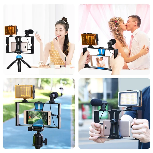 PULUZ 4 in 1 Vlogging Canlı Yayın LED Selfie Işığı Mavi Mikrofonlu Tripodlu Telefon Video Rig Kiti - 11