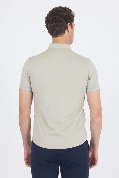 Gri italyan Düğmeli Yaka Kısa Kol Cepsiz Slim Fit Gömlek 1004250255 - Resim 5