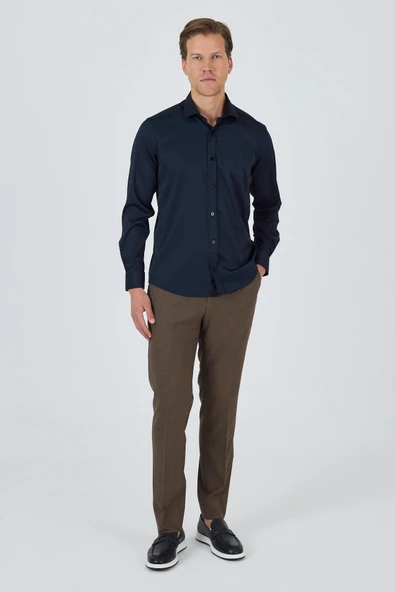 Siyah Yarım İtalyan Yaka Cepsiz Gabardin Uzun Kol Slim Fit Esnek Gömlek 1004250235 - Resim 2