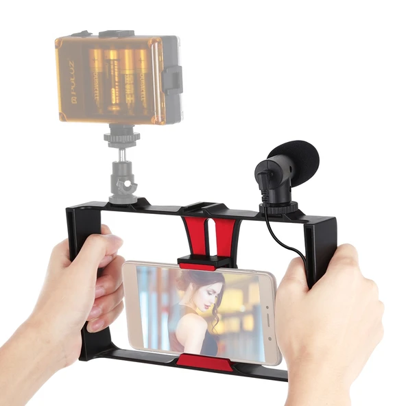 PULUZ 2'si 1 Arada Canlı Yayın Akıllı Telefon Video Rig ve Mikrofon Kiti Kırmızı