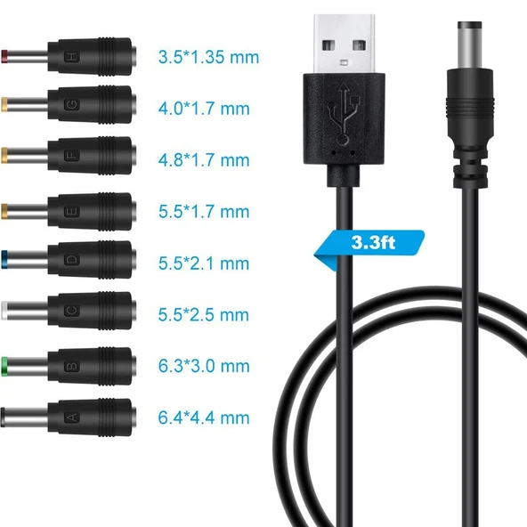 8in1 DC Güç Kablosu USB Çok Fonksiyonlu Değiştirilebilir Fiş Siyah - 2