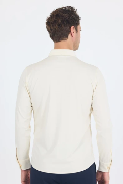 Açık Krem Uzun Kol Düz Örme Polo Yaka Cepsiz Esnek Classic Slim Fit Gömlek 1004250153_650 - 5