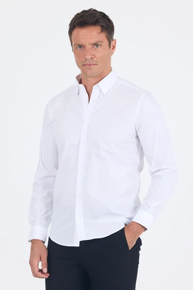 Beyaz Smart Biritli Yaka Cepsiz Bez Ayağı Uzun Kol Slim Fit %100 Pamuk Gömlek 1004250223 - Resim 3
