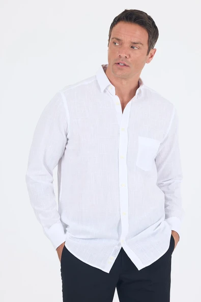 Beyaz Uzun Kol Düz Armür Oval Yaka Casual Comfort Fit Gömlek 1004250249 - Resim 3