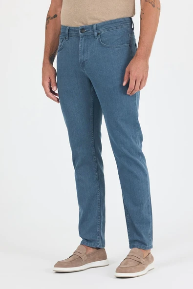 Koyu Mavi Gabardin 5 Cep Düz Paça Casual Slim Fit Pamuklu Denim Pantolon 1023250157 - 1