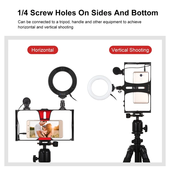 PULUZ 3 in 1 Vlogging Canlı Yayın Akıllı Telefon Video Rig Seti Kırmızı Mikrofonlu 12cm Halka LED Selfie Işığı Soğuk Ayaklı Tripod Başlığı ile - 6