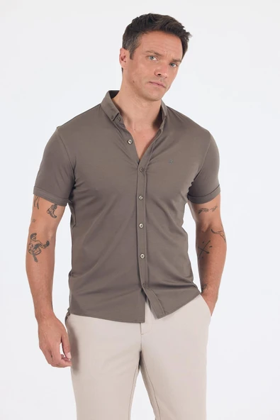 Koyu Haki italyan Düğmeli Yaka Kısa Kol Cepsiz Slim Fit Gömlek 1004250255 ürün görseli