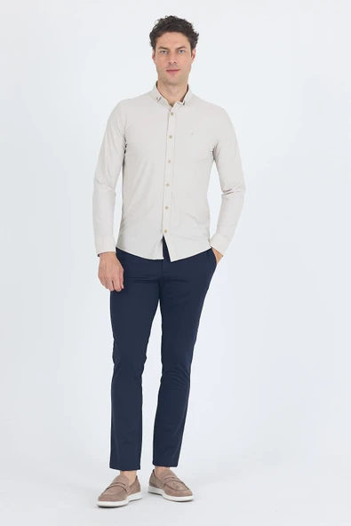 Taş Rengi Smart Düğmeli Yaka Uzun Kol Cepsiz Slim Fit Esnek Gömlek Gömlek 1004250252 - 2