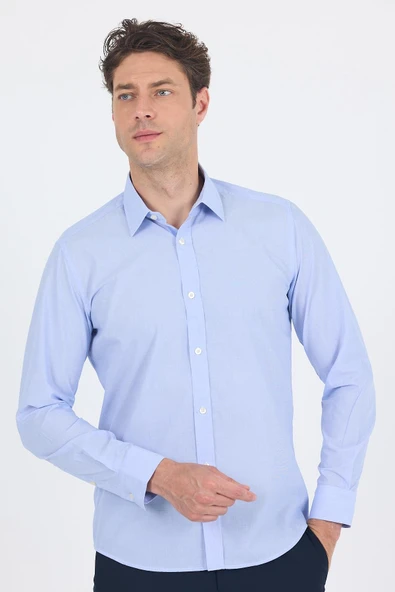 Mavi Uzun Kol Filafil Desen Filafil Sert Yaka Cepsiz Pamuklu Basic Slim Fit Gömlek 1004250008_304 ürün görseli