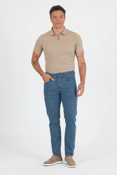 Koyu Mavi Gabardin 5 Cep Düz Paça Casual Slim Fit Pamuklu Denim Pantolon 1023250157 - 3