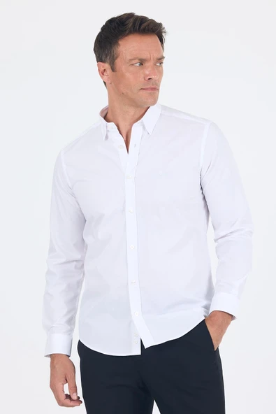 Beyaz Smart Biritli Yaka Cepsiz Bez Ayağı Uzun Kol Slim Fit %100 Pamuk Gömlek 1004250223 ürün görseli