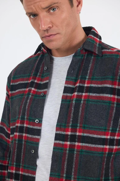 Lacivert Yünlü Ekose Desen Yumuşak Yaka Cepsiz Uzun Kol Casual Comfort Fit Gömlek 1004245227 - Resim 4